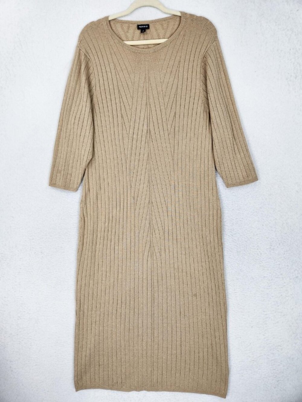 Torrid Dress Womens 3X Beige Ribbed Knit Sweater Stretch 3/4 Sleeve Crew Midi